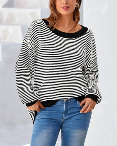 Zenlonr Womens Off The Shoulder Sweater 2025 Fall Winter Long Sleeve Striped Sweater Oversized Knitted Pullover Tops2