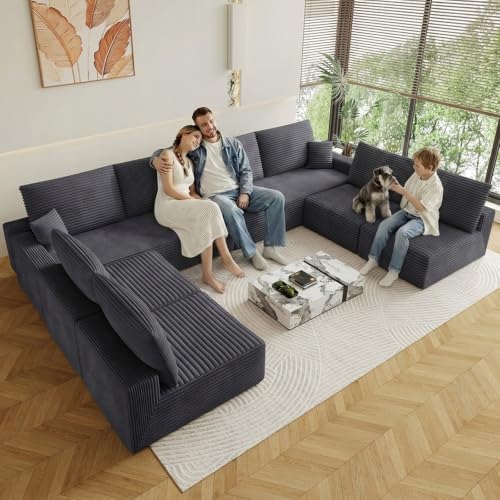 Image of Oversized Modular Sectional Sofa Couch,Large 8 Seater Corner Sofa Modern U Shaped Sectional Couch Cloud Couches for Living Room,Office,Spacious Space,Corduroy,No Assembly Required,Dark Grey