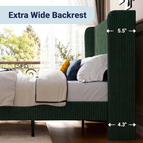 Image of Allewie King Size Platform Bed with Corduroy Wingback Headboard, Green | 1000 lb Capacity, Corduroy Wingback Headboard, Vertical Channel Design, Wood Slat Support, No Box Spring Needed /Easy Assembly