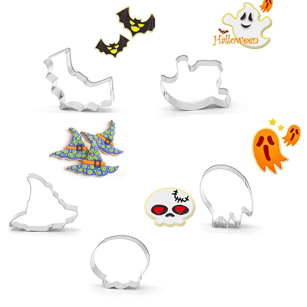 Bingirl Stainless Steel Halloween Cookie Cutter Biscuit Mould Ghost Bat Skull Hat Baking Tool Biscuit Stencil Baking Mold 5-Piece Set