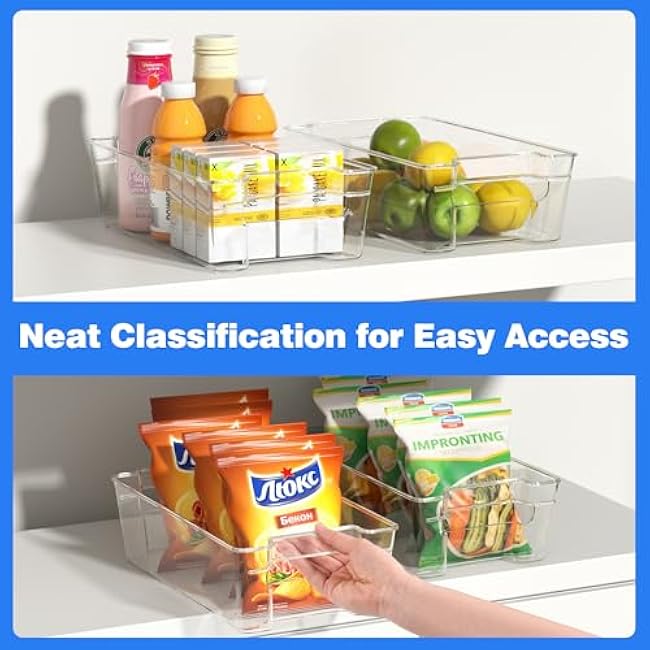 6 Pack Clear Refrigerator Storage Bins, Stackable Plastic Fridge Organizer Kitchen Pantry Storage Bins with Handles for Snacks, Freezer, Kitchen Cupboard, and Cabinet Organization