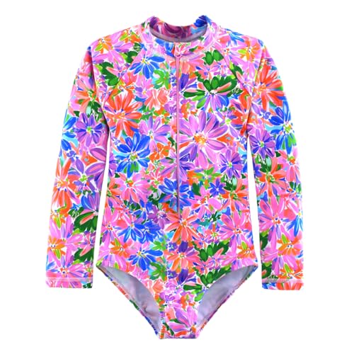 Image of Kids Girls Rash Guard Long Sleeve One Piece Swimsuits Zipper Bathing Suits UPF 50+ Tropical Plant Flowers Ages 3-12