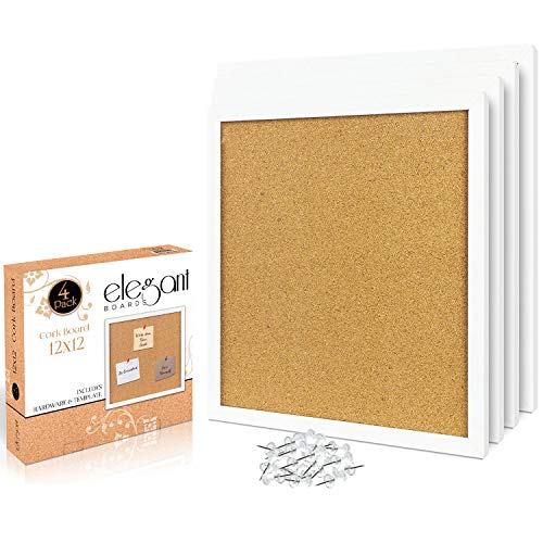 Elegant Boards 4 Pack Cork Bulletin Board 12"X 12" Square Wall Tiles, Modern White Framed Boards for Home and Office (Pushpins, Hardware and Template Included)