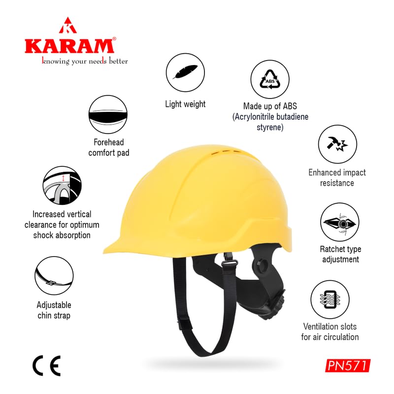 Image of KARAM PN571 Lightweight ABS Safety Helmet for Construction & Outdoor Activities | Adjustable Chin Strap & Rachet Type Adjustment | Comfortable & Durable Hard Hat | EN Certified | Yellow
