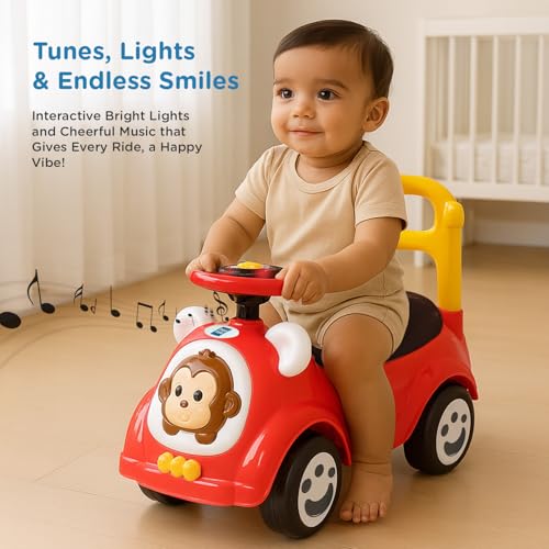 Image of Mee Mee Safari Cruze Ride on for Kids with Light Button,Music & Horn Steering, Push Car for Baby with Backrest, Safety Guard, Under Seat Storage & Big Wheels, Ride on for 1-3 Yrs Upto 25 Kgs (Red)