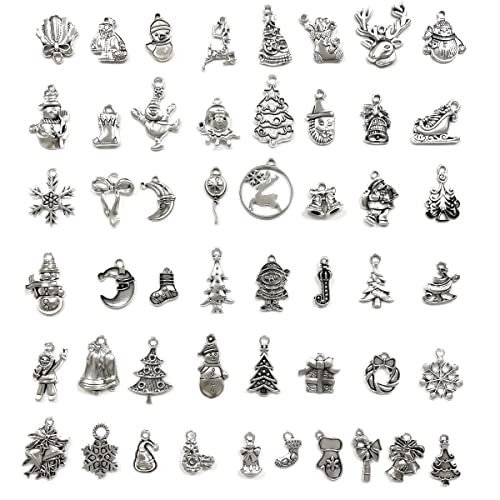BEZANU Christmas Charms, 50 PCS Christmas Antique Metal Pendants for Crafts, Jewelry Making (Silver, About 25mm)