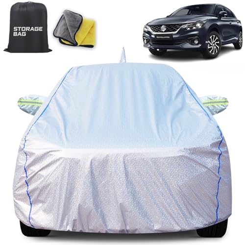 Image of for Maruti Baleno 2022-2025 100% Waterproof Car Cover for All Weather Protection with Mirror Pockets, Soft Cotton Lining, Triple Stitched with Adjustable Belt Bottom Elastic to Secure Fit