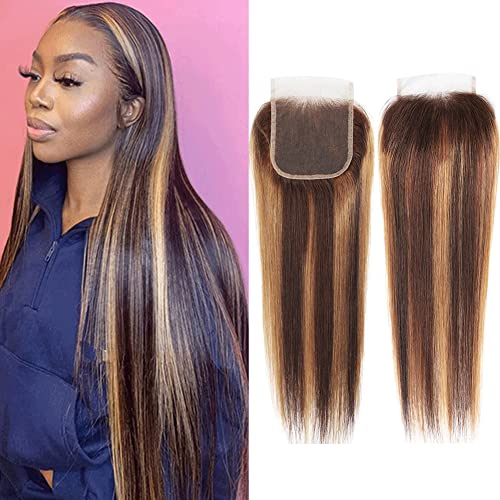 Ombre Human Hair 4X4 Lace Closure 150 Density Free Part Brazilian Remy Two Tone Ombre Human Hair Lace Closure Straight Wave P4/27 Highlight Lace Closure Light Brown Mixed Blonde 14 Inch