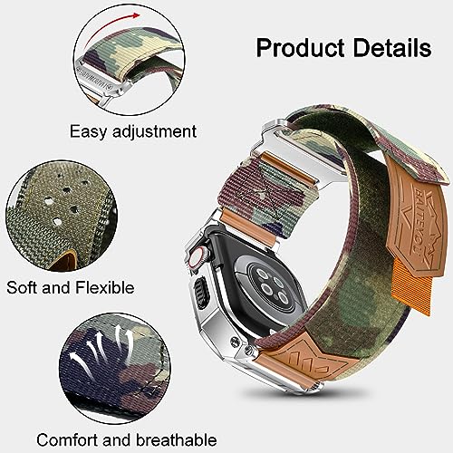 Image of BAITEYOU Band with Case Compatible with Apple Watch Band Series 9 8 7 (41mm) 6 5 4 SE 3 2 1 (40mm 38mm), Nylon Strap with Stainless Steel Metal Rugged Case Cover for iwatch Bands for Men