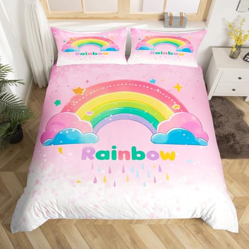 Cartoon Rainbow Bedding Sets Toddler Size,Watercolor Kawaii Stars Cloud Reversible Duvet Cover 2Pcs for Kids Bedroom,Lovely Galaxy Pink Gradient Quilt Cover,1 Pillowcase (No Comforter)