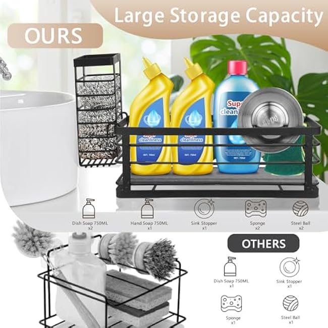 Kitchen Sink Caddy Organizer, 10.5 X 4.0 X 3.6 Sink Sponge Holder for Kitchen with Instant Drying Stone and Dish Brush Holder, Bathroom Organizer for Sponges, Scrubbers, Soap