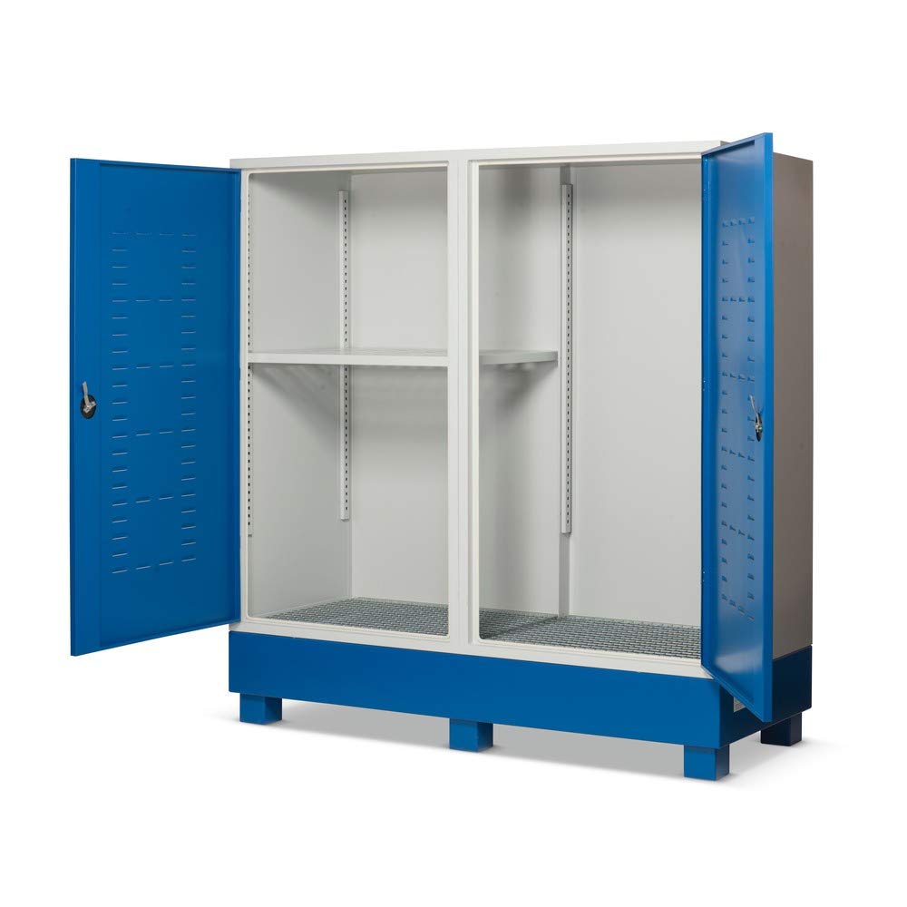 Steinbock Gefahrstoffschrank aus Stahlblech | HxBxT 180 x 170 x 70 cm | integrierte Auffangwanne mit 220 l Volumen | unterfahrbar | vollmontiert | Gefahrstoff-Depot für Innen- und Außenbereich