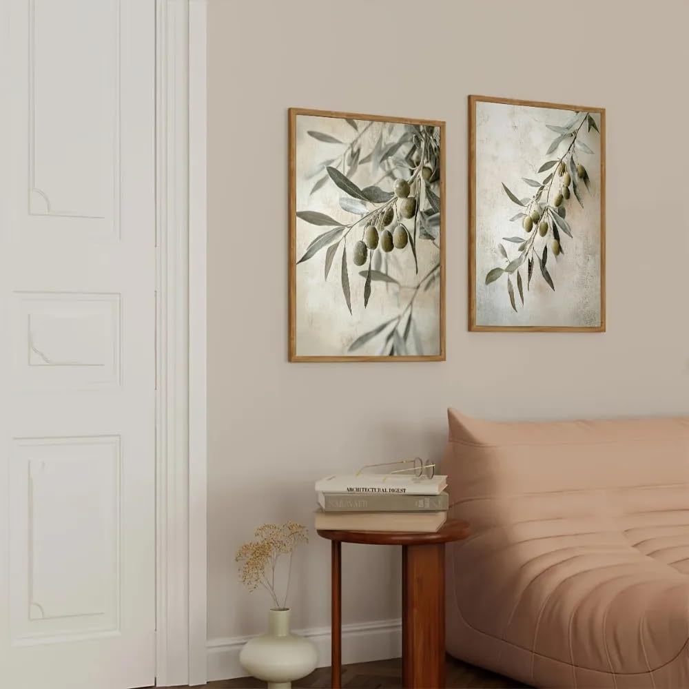 Cuadros y láminas con diseño de ramas de olivo, estilo retro mediterráneo, con hojas verdes y pósteres (60x90cm - 2 unidades).