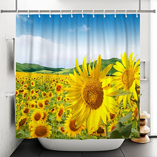 Bovlleetd Sunflower Shower Curtain Polyester Yellow Flower Garden Bath Curtain 71x71inch Beautiful Spring Natural Landscape Bathroom Decorative Curtain Waterproof Bathtub Curtain with Hooks
