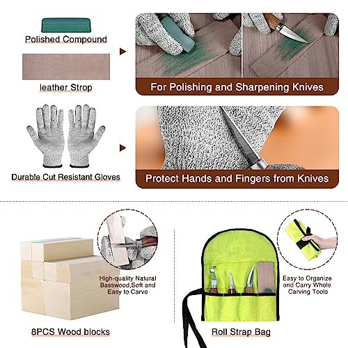 Set de couteaux à sculpter le bois avec 8 blocs et gants de protection - 4