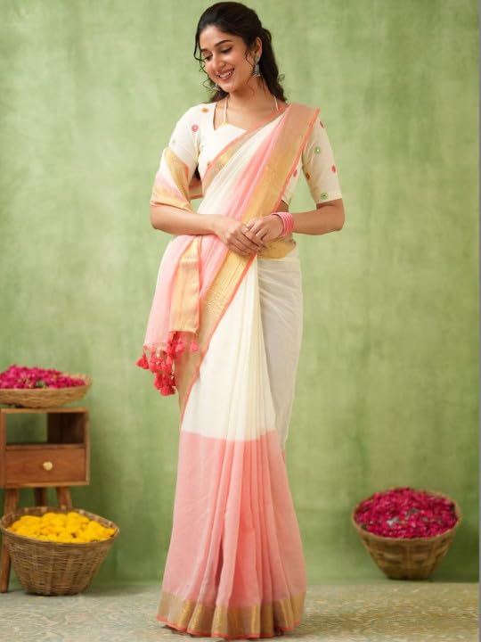Image of Women's Cotton Silk Handloom Plain Solid Golden Zari Border Saree with Unstitched Blouse Piece | 5.5 Meter Saree + 0.8 Meter Blouse Piece | Traditional Ethnic Wear