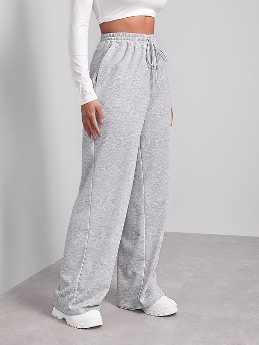 Image of Women's Wide Leg Sweatpants High Waisted Lounge Pants with Drawstring Pockets - Casual Loose Fit Athletic Joggers