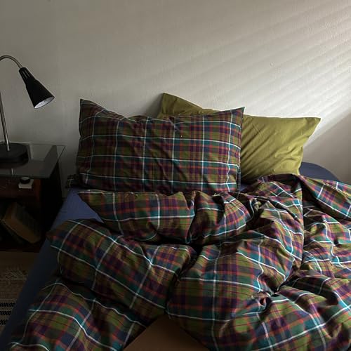 Image of VM VOUGEMARKET Retro Preppy Gingham Plaid Duvet Cover King Size,Colorful Green & Purple Tartan Bedding Set Washed Cotton Textured Breathable Comfy Duvet Cover with Zipper Closure
