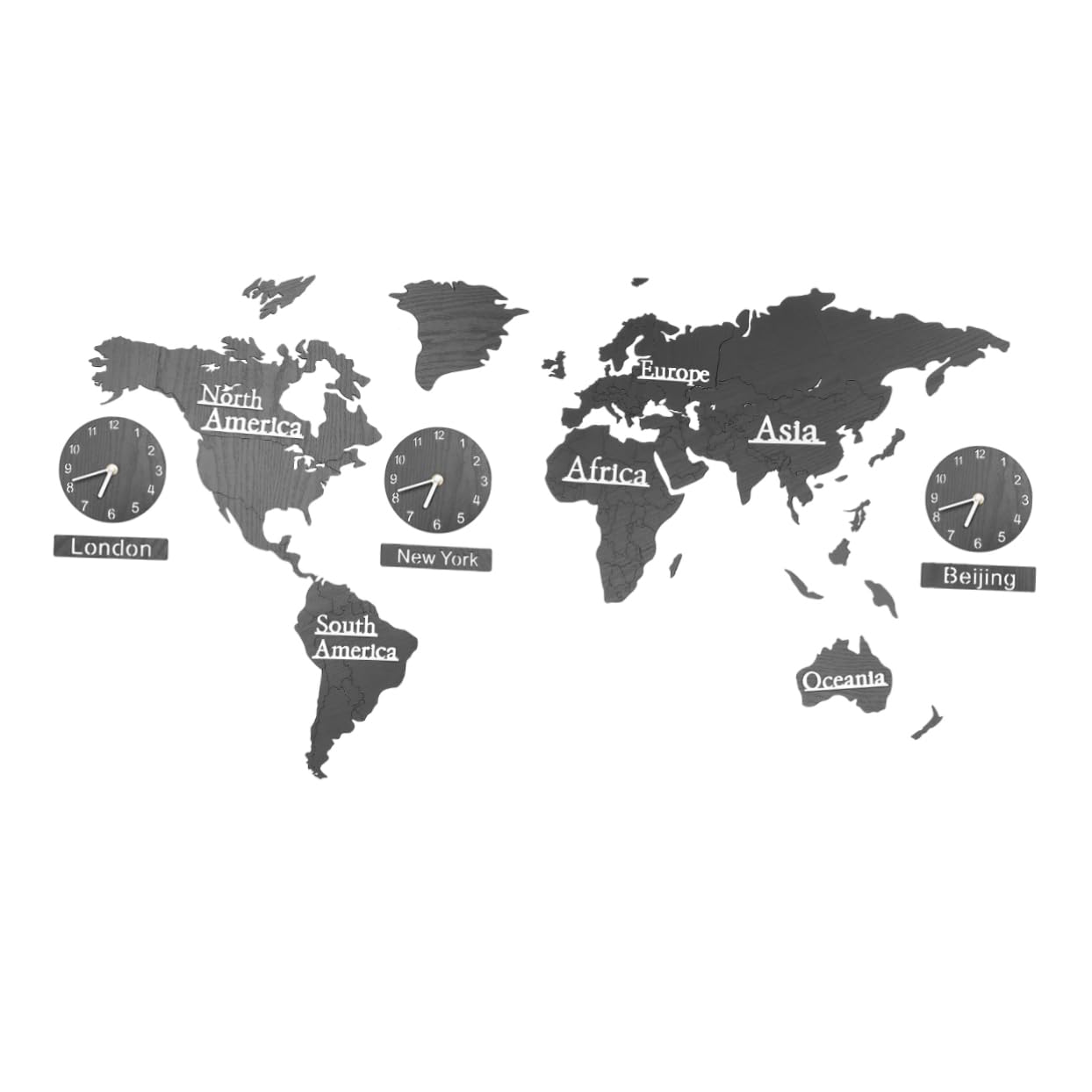 Horloge murale carte du monde 3 fuseaux horaires en bois MDF