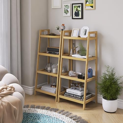 SMIBUY Bamboo Ladder Bookcase, Bathroom Storage Rack Organizer, 4 Tier and 5 Tier Freestanding Plant Display Stand Space Saver Shelves for Bedroom, Kitchen, Balcony (Natural, 4 Tiers (39" H)) SMIBUY Bamboo Ladder Bookcase, Bathroom Storage Rack Organizer, 4 Tier and 5 Tier Freestanding Plant Display Stand Space Saver Shelves for Bedroom, Kitchen, Balcony (Natural, 4 Tiers (39" H))