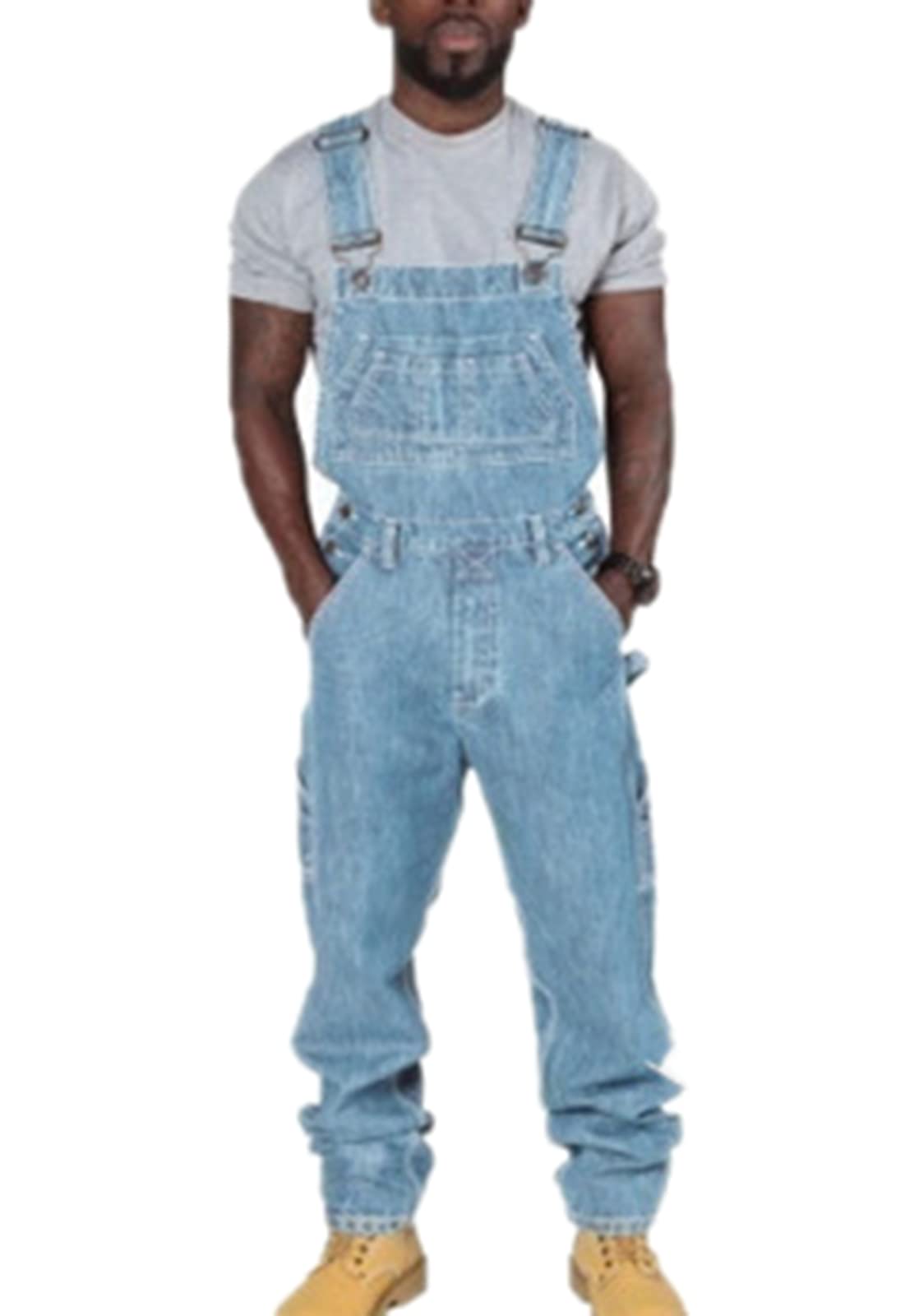 MANYMANY Mens Loose Fit Denim Work Bib Men Cargo Adjustable Overalls Dungarees Baggy Chic Rompers with Multiple Pockets