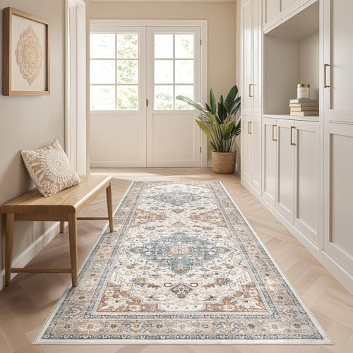 Runner Rug Kitchen Washable Rugs: 3x10 Non-Slip Boho Vintage Distressed Stain Resistant Indoor Neutral Farmhouse Throw Carpet for Hallway Bathroom Laundry Room Entryway Bedroom- Beige Blue
