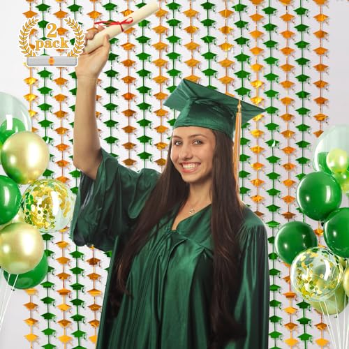 Image of Mega-L 2026 Graduation Party Decorations, 2 Pack Green and Gold Streamer | 3.3x6.6 ft Foil Fringe Curtain, Graduation Photo Booth Prop Streamer Backdrop for High School College University Party