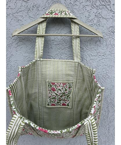 Image of Quilted Cotton Handprinted Reversible Large multicolor Floral Tote Bag,Hand Block Print Shopping Shoulder Carry Bag