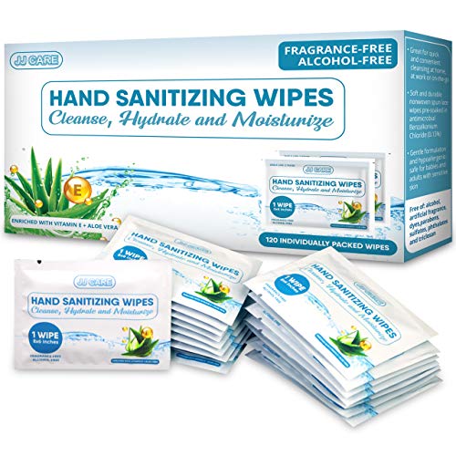 [Pack of 120] Hand Sanitizing Wipes, Alcohol Free Travel Sanitizing Wipes, Disposable Hand Sanitizer Wipes with Vitamin E and Aloe Vera, Individually Wrapped Hand Sanitizing Wipes