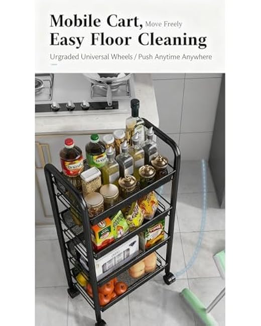 Slim Storage Cart 4-Tier Narrow Rolling Cart with 4 Wire Baskets for Kitchen, Bathroom, Laundry Room ¨C Mobile Utility Cart on Wheels for Small Spaces, Easy to Move-y9XdqTGV
