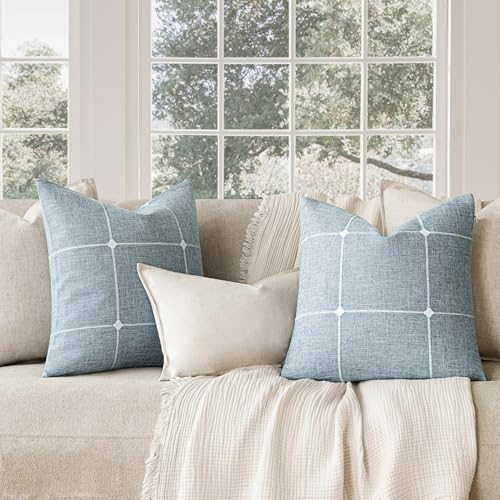 Image of Foindtower Pack of 2 Decorative Faux Linen Jacquard Check Throw Pillow Covers Farmhouse Cushion Cover with Grid Textured Accent Pillowcase for Couch Sofa Living Room Home Decor,16x16 Inch,Light Blue