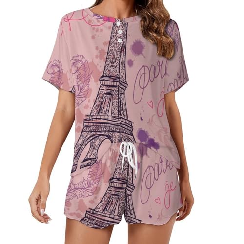 Vêtements de nuit ete Tour Eiffel : pyjama femme manches courtes sleepwear