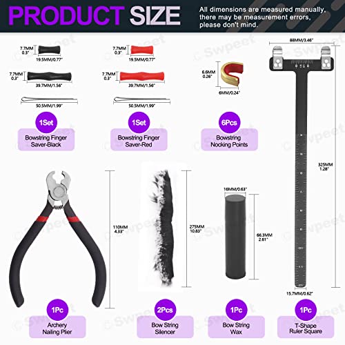 Swpeet 17-teiliges Bogenschießen-Saiten-Werkzeug-Set, Bogenschießen-Schnallenzange, Bogenseiten-Nocken-Sets Bogenschießen, T-Form Bogen Square Lineal