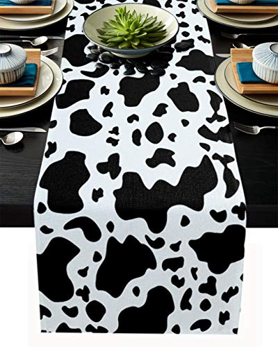 Cow Print Table Runner Rustic Table Decoration, Black And White Animal Theme Rectangular Runner For Party Decoration Wedding Baby Shower Birthday Bachelor Party Holiday Party Event, 13X90Inch #TOP21