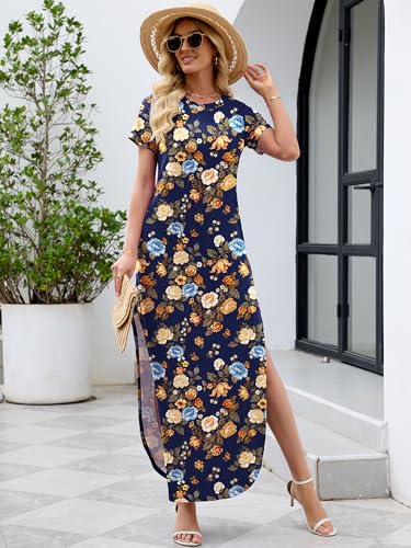 Image of Heymoments Womens Summer Maxi Dress Short Sleeve Casual Loose Long T Shirt Split Vacation Beach Sundress with Pockets