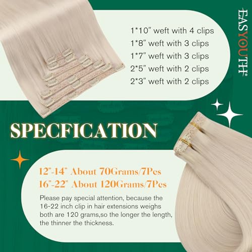 Easyouth Blonde Clip-In Real Hair Extensions Platinum Blonde Real Hair Clip-In Extensions Light Blonde Hair Extensions Real Hair Clips Remy Human Hair Straight 55 cm #1000 7 Pieces 120 g - Image 3