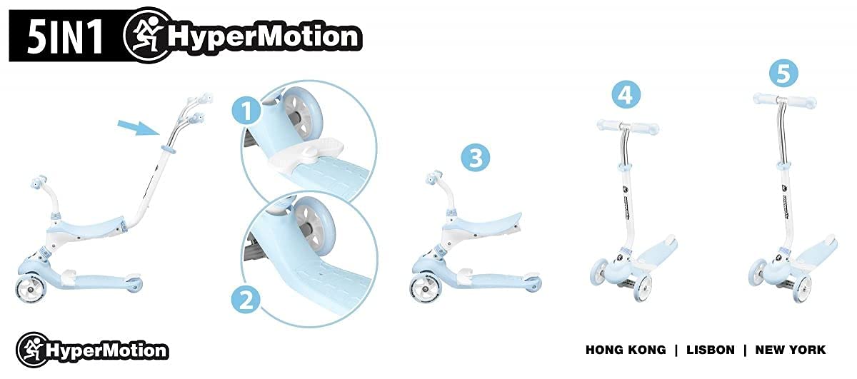 HyperMotion, Hulajnoga dla Dzieci, Balansowa Hulajnoga dla Najmłodszych, 5 w 1, Kauczukowe Kółka, Funkcja Jeździka, Regulowana Wysokość Kierownicy, Niebieska
