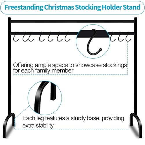 LUBORN Christmas Stocking Holder Stand with 10 Hooks, Freestanding Christmas Stocking Holder for Floor, Iron Metal Holiday Decor Heavy Duty Stocking Hangers 44”L x 43” H x 11.8” W