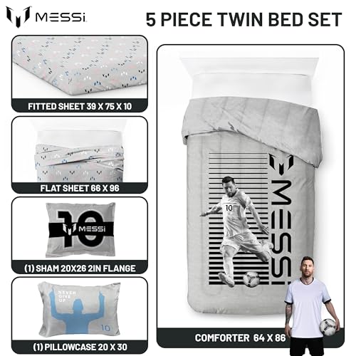 Image of Jay Franco Kids Comforter Set Includes Sheets and Pillow Cover - Soft and Cozy Bed Set for Stylish Room Decor, Grey - Messi, 5 Piece Twin