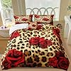 MOVE OVER Leopard Comforter Set California King Red Rose Flower Bedding Set 4 Pieces Cheetah and Rose Flower Printed Design Romantic Comforter Set for Women and Female Leopard Printed Bedding Set #5