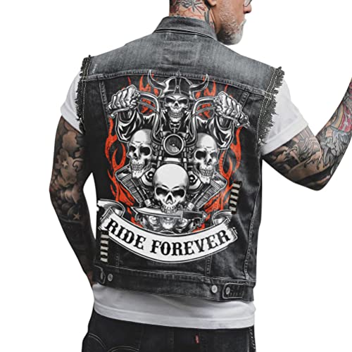 ORANDESIGNE Chaleco de Mezclilla de Hombre Chaqueta Sin Mangas Chaleco con Estampado de Calavera Punk Vaquero Lavado Chaqueta Corta de Moto W Negro XL