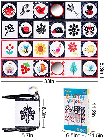 ONLYFUN 2 PCS Tummy Time Montessori Baby Books Toys Foldable, Black and White High Contrast Mirror with Rattle Sensory Toys for Babies 0-6 Month, Early Development & Activity Gifts for Toddlders