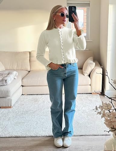 Wyeysyt Womens Cropped Cardigan Sweaters Ruffle Hem Crewneck Button Down Knit Fall Sweater Long Sleeve Soft Cardigan Tops4