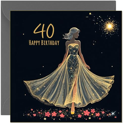 Beautiful 40th Birthday Card for Women Black & Gold Silhouette Dress Design - Female Elegant Birthday Card for 40 Year old forty, fortieth
