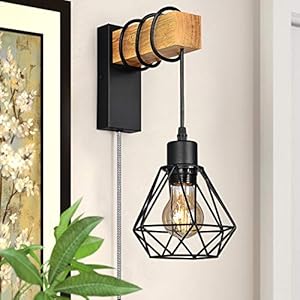 Vintage Industrial Wall Sconce lamp With Plug In Cord Wooden Beam and Steel Cage Shade Hanging Wall Light Fixture for Bedroom Living Room Match with Modern Retro Farmhouse Decoration NO Bulb