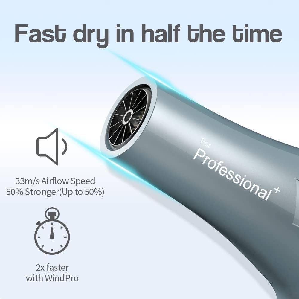 Faszin Ionic Salon Hair Dryer, Professional Blow Dryer AC Motor Fast Drying with 2 Speed, 3 Heat Setting, Cool Button, with Diffuser, Nozzle, Concentrator Comb for Curly & Straight Hair-Gray - Image 4