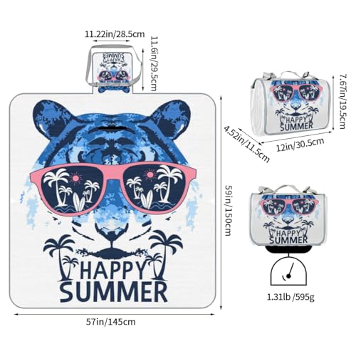 Shimoshe Picnic Blankets 57”x 59”, Glasses Tiger Waterproof Sandproof Picnic Mat Lightweight Foldable Beach Blanket for Camping Park Grass Beach Outdoor Blanket