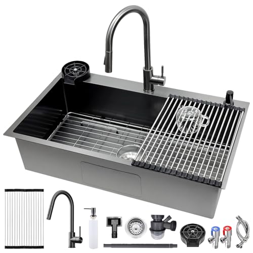 Fregadero Cocina 80x50cm de Acero Inoxidable Gris Negro, Con Grifo Extraíble, Rejilla de Drenaje, Enjuagador de Vasos, Dispensador de Jabón, Sifón Lavabo Desagüe, Bajo Encimera o Sobre Encimera 1 Seno