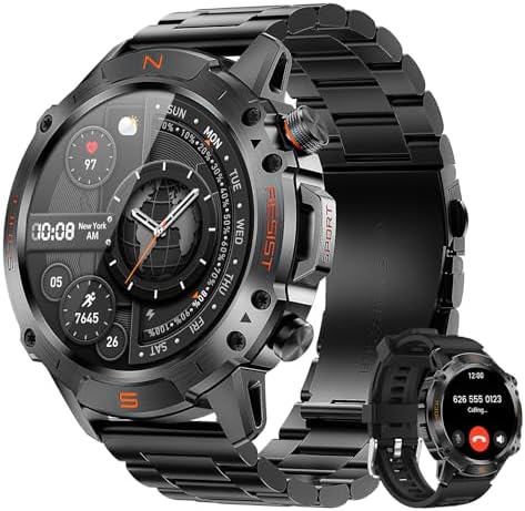 Robuste Smartwatch Herren, 1,43" AMOLED, 5 ATM wasserdicht, Android & iOS | Bluetooth-Anrufe, Fitness-Tracker, 15 Tage Akkulaufzeit, 178+ Sportmodi, Herzfrequenz-, Schlaf- & SpO2-M