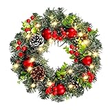 HAMPPLIES Guirnalda Navideña Colgante con Luces LED Decoración de Puerta de Adorno de Navidad con Bayas Rojas y Diseño Festivo para Entrada Hogar